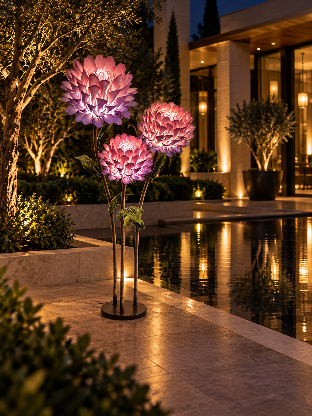 King Protea Trio outdoor flower lamp beside a hotel pool at night, illustrative setting