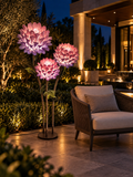 King Protea Trio outdoor flower lamp at night, illustrative setting