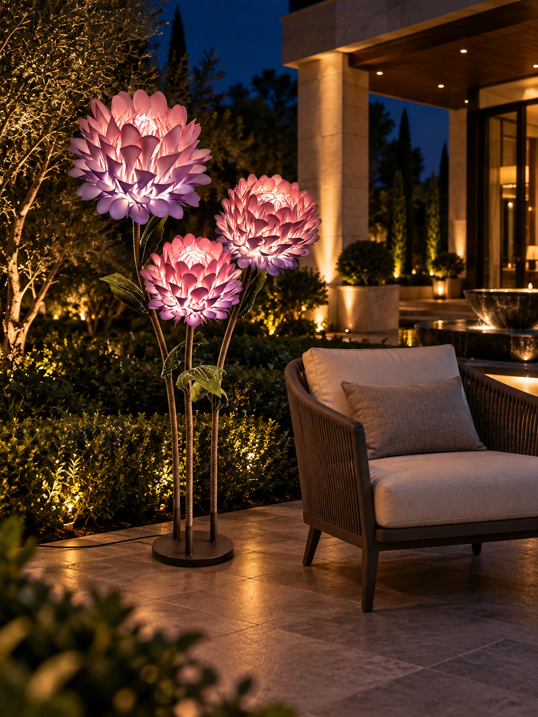 King Protea Trio outdoor flower lamp at night, illustrative setting