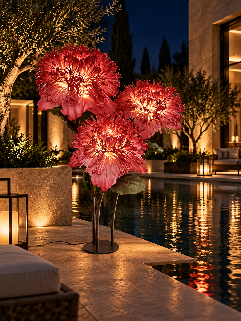 Giant Chrysanthemum Trio in another outdoor night setting, illustrative image