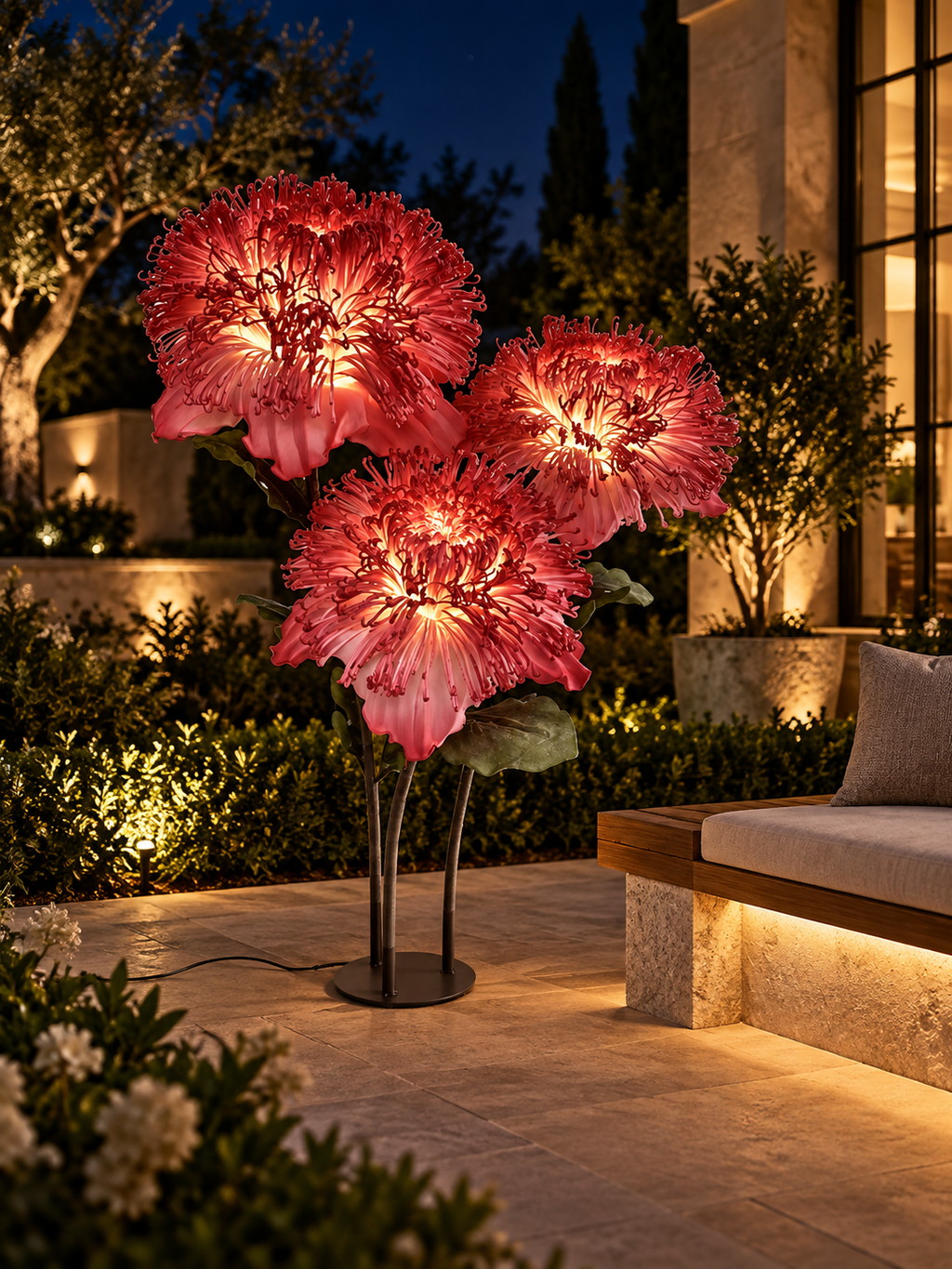 Giant Chrysanthemum Trio outdoor illuminated flower lamp at night, illustrative setting
