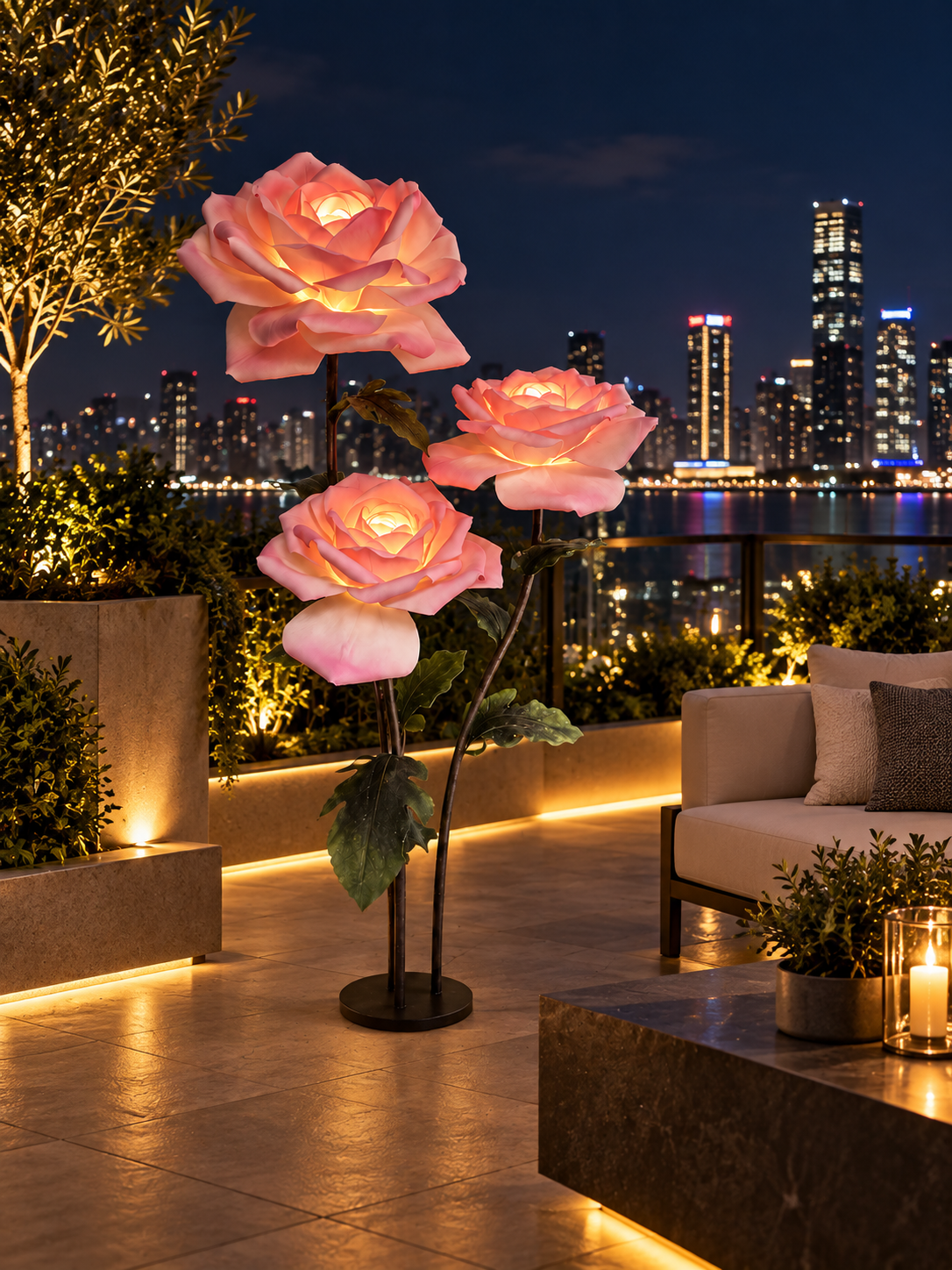 Rose Trio in another outdoor night setting, illustrative image