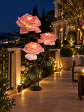 Rose Trio outdoor illuminated flower lamp at night, illustrative setting