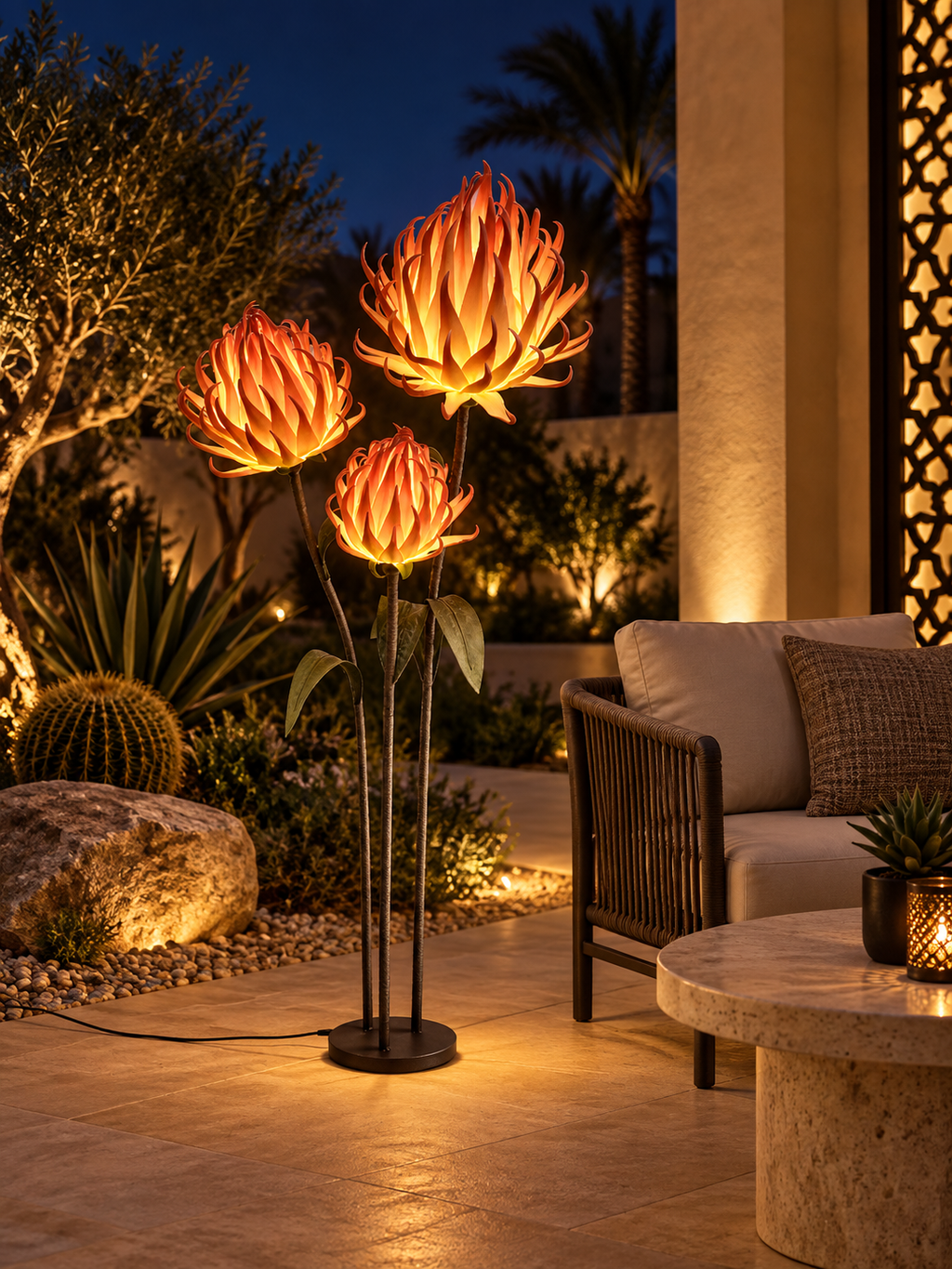 Aloe Flower Trio outdoor illuminated flower lamp at night, illustrative setting