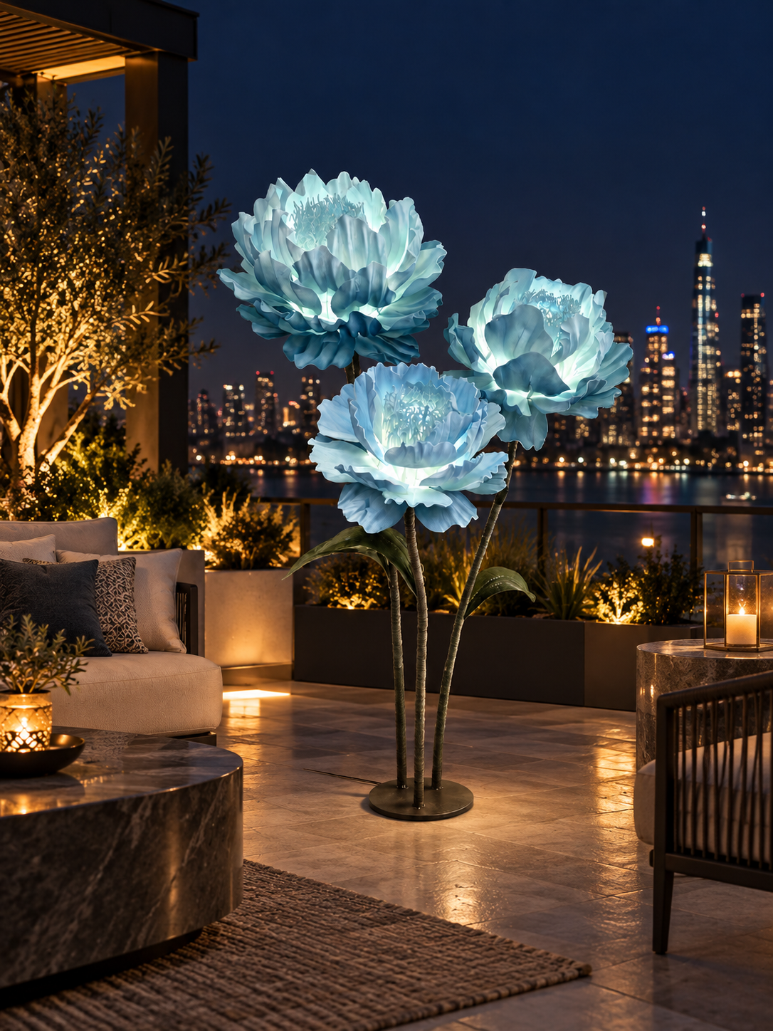 Peony Trio in another outdoor night setting, illustrative image