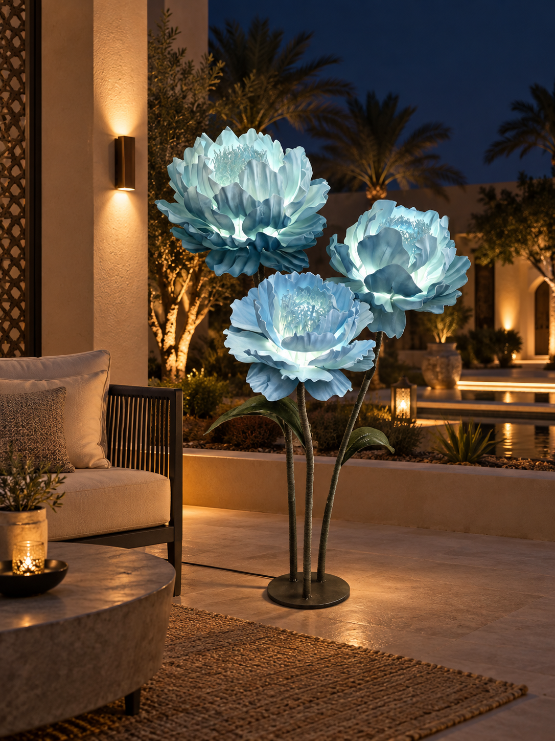 Peony Trio outdoor illuminated flower lamp at night, illustrative setting