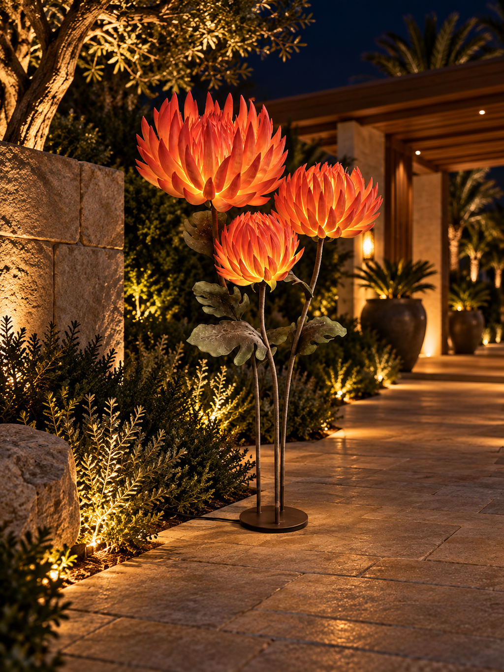 Flame Flower Trio in another outdoor night setting, illustrative image