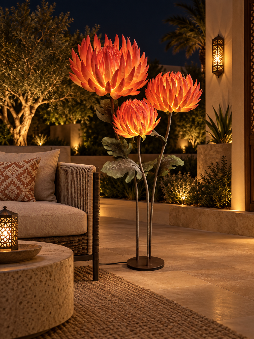 Flame Flower Trio outdoor illuminated flower lamp at night, illustrative setting