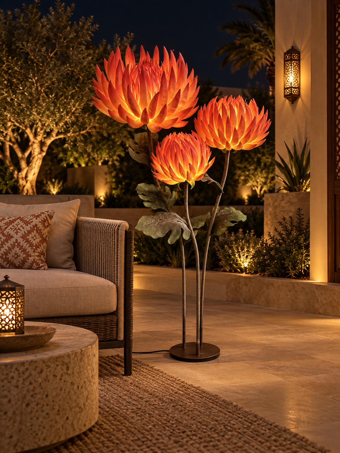 Flame Flower Trio outdoor illuminated flower lamp at night, illustrative setting