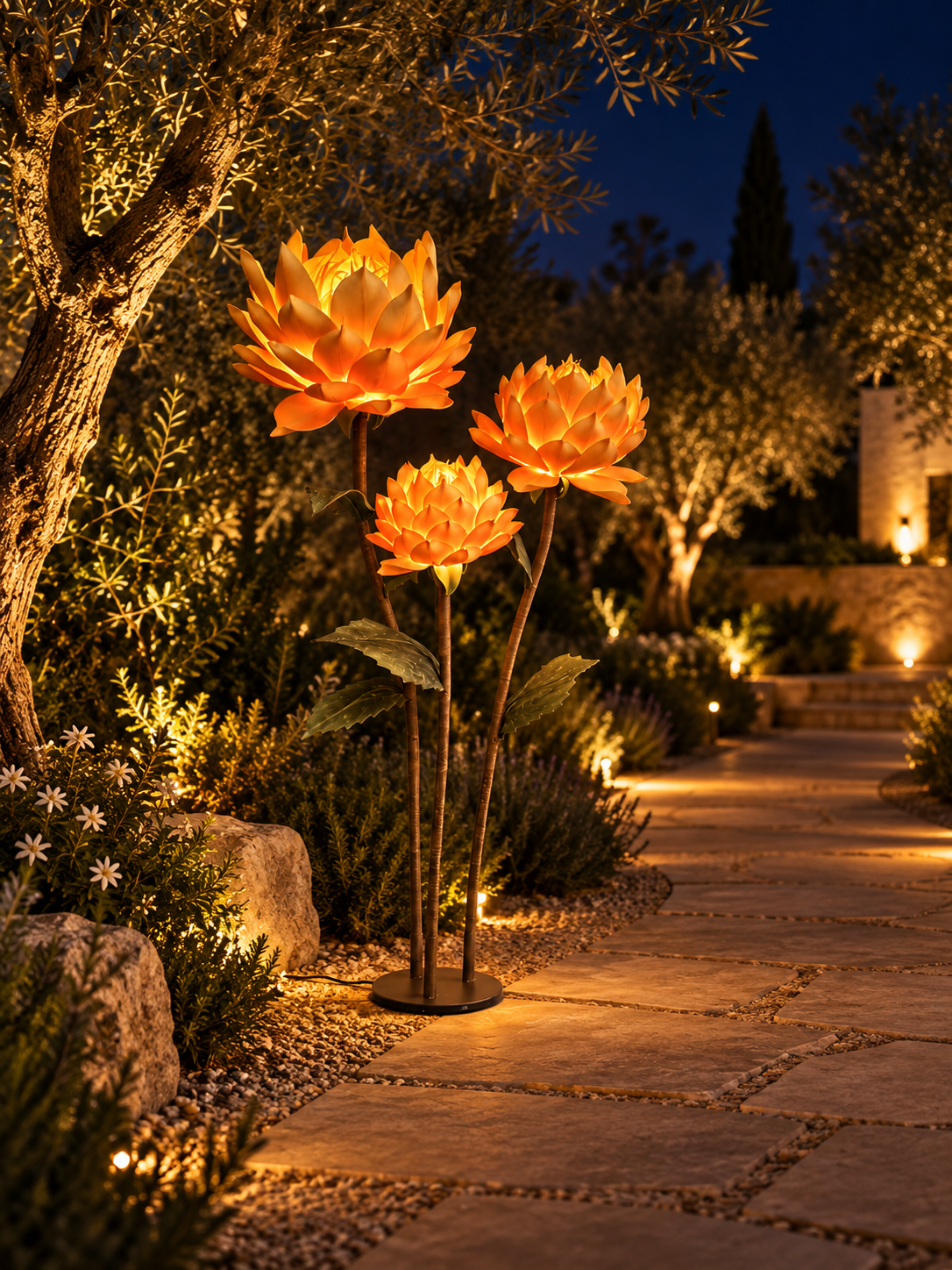 Magnolia Flower Trio in another outdoor night setting, illustrative image