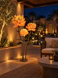 Magnolia Flower Trio outdoor illuminated flower lamp at night, illustrative setting
