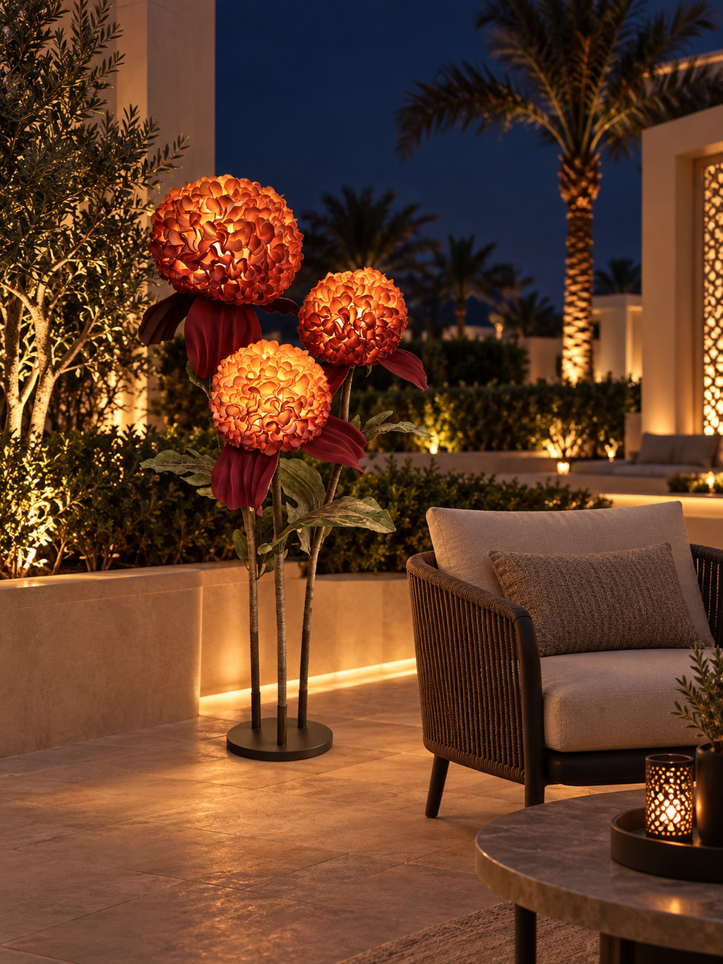 Big Leaf Hydrangea Trio outdoor illuminated flower lamp at night, illustrative setting