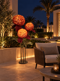 Big Leaf Hydrangea Trio outdoor illuminated flower lamp at night, illustrative setting