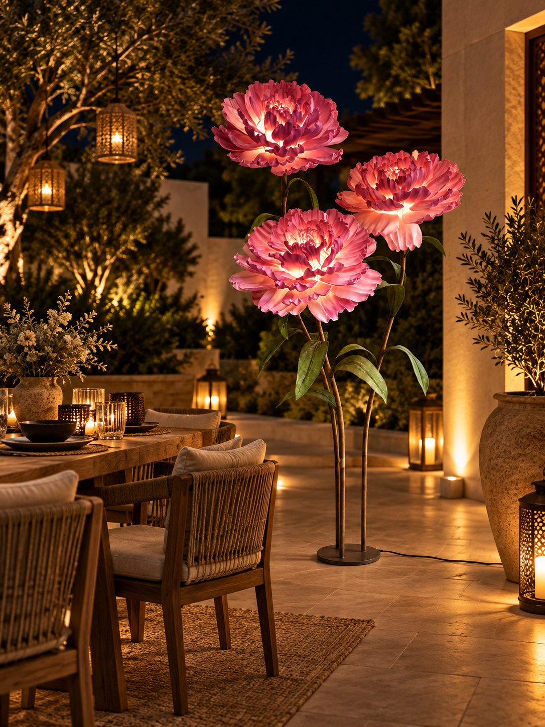 Peony Trio in another outdoor night setting, illustrative image