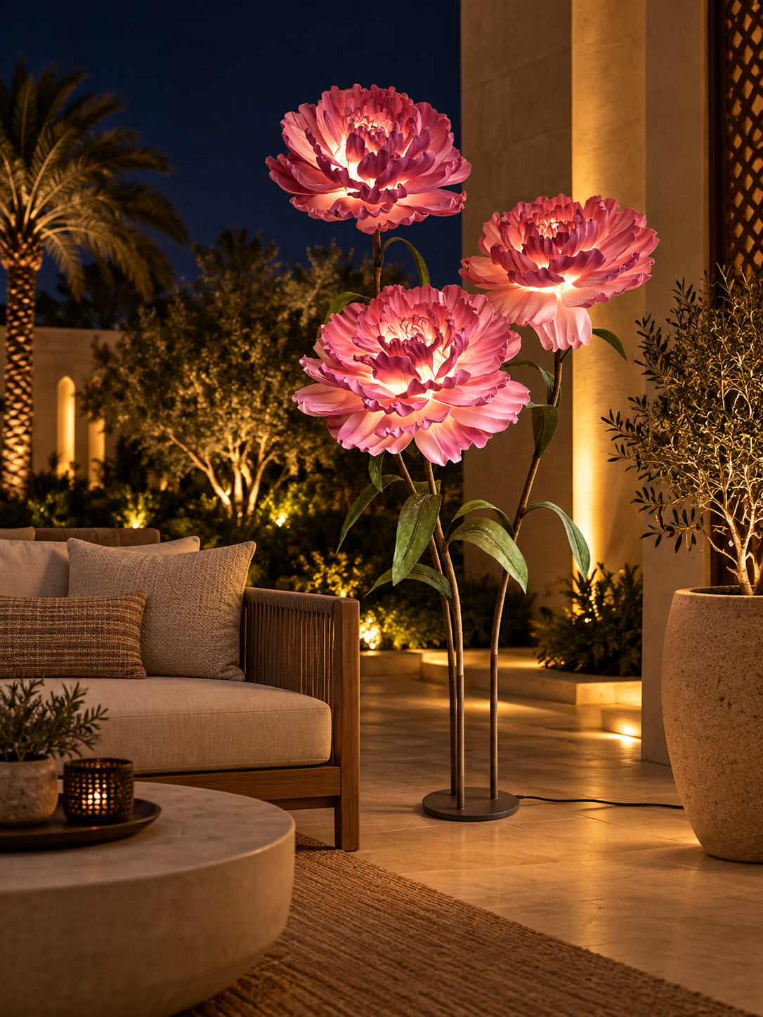 Peony Trio outdoor illuminated flower lamp at night, illustrative setting