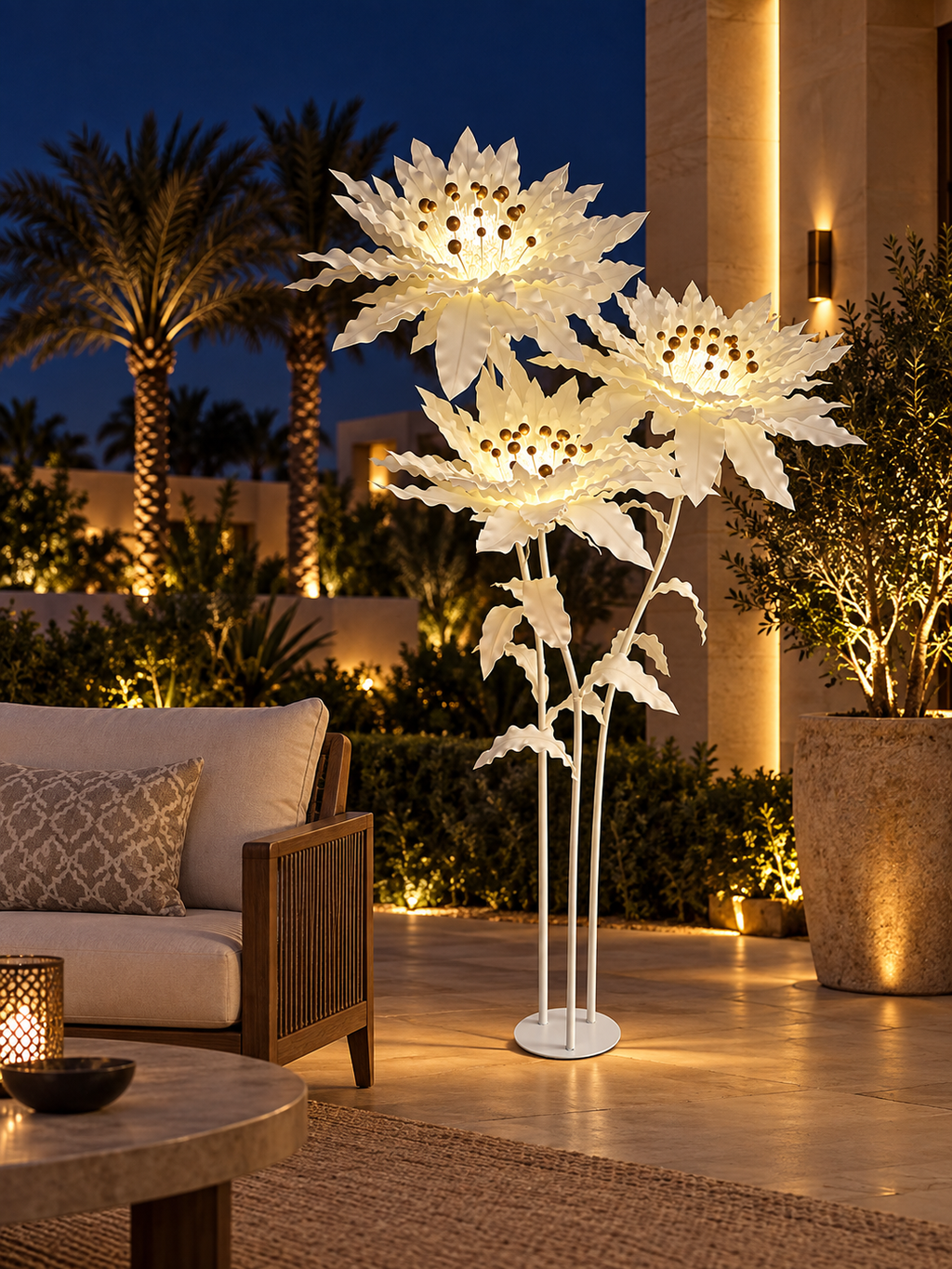 Honeycomb Flower Trio outdoor illuminated flower lamp at night, illustrative setting
