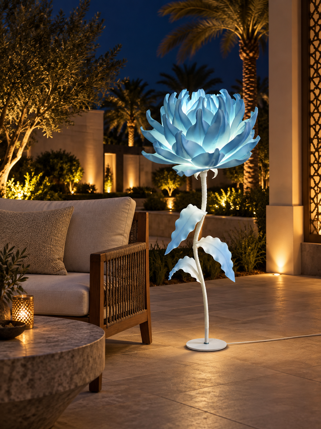 Magnolia outdoor illuminated flower lamp at night, illustrative setting