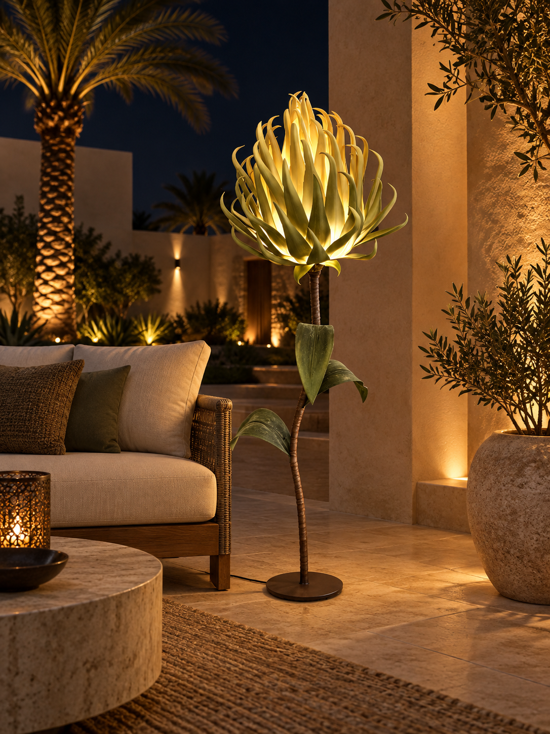 Aloe Flower outdoor illuminated flower lamp at night, illustrative setting