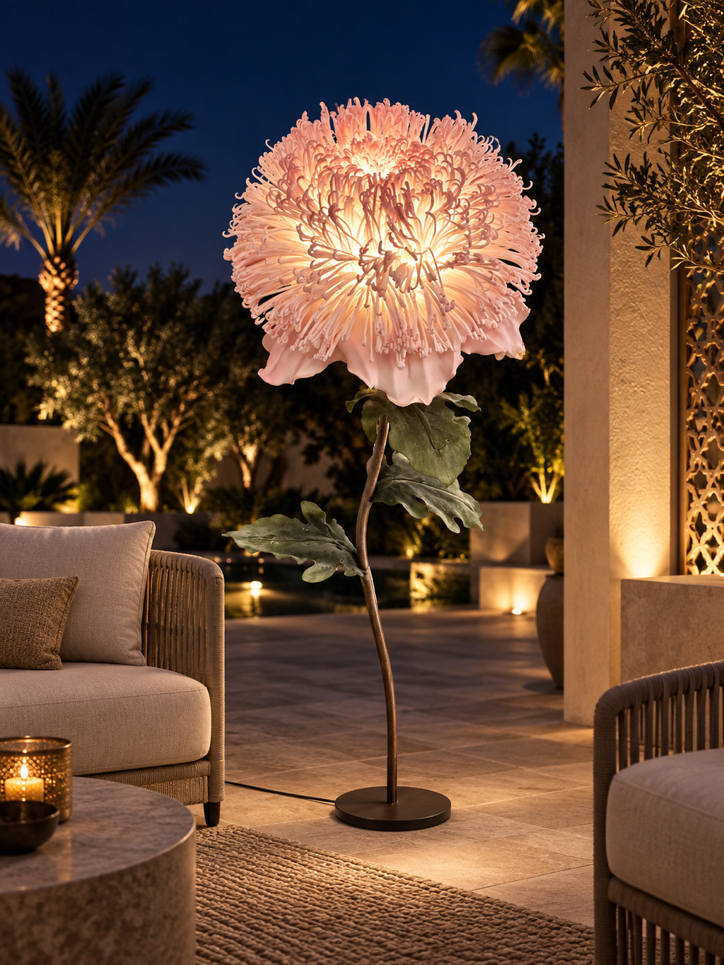 Giant Chrysanthemum outdoor illuminated flower lamp at night, illustrative setting