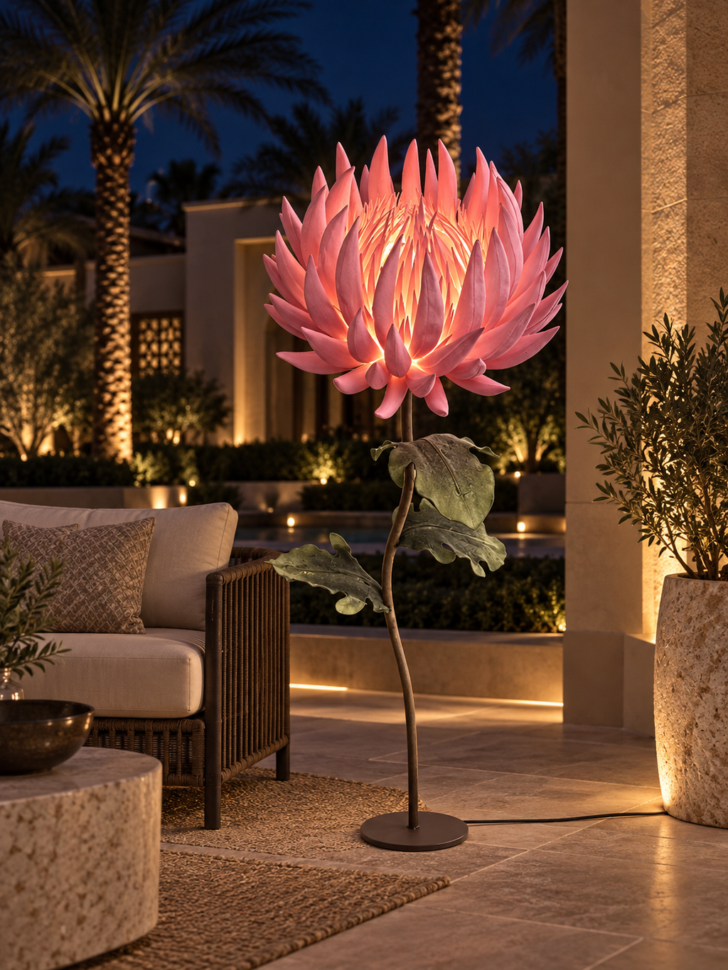 Flame Flower outdoor illuminated flower lamp at night, illustrative setting