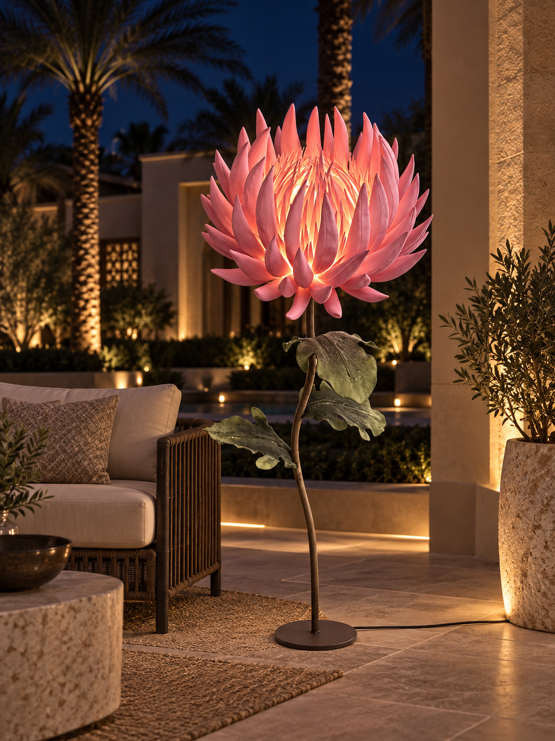Flame Flower outdoor illuminated flower lamp at night, illustrative setting
