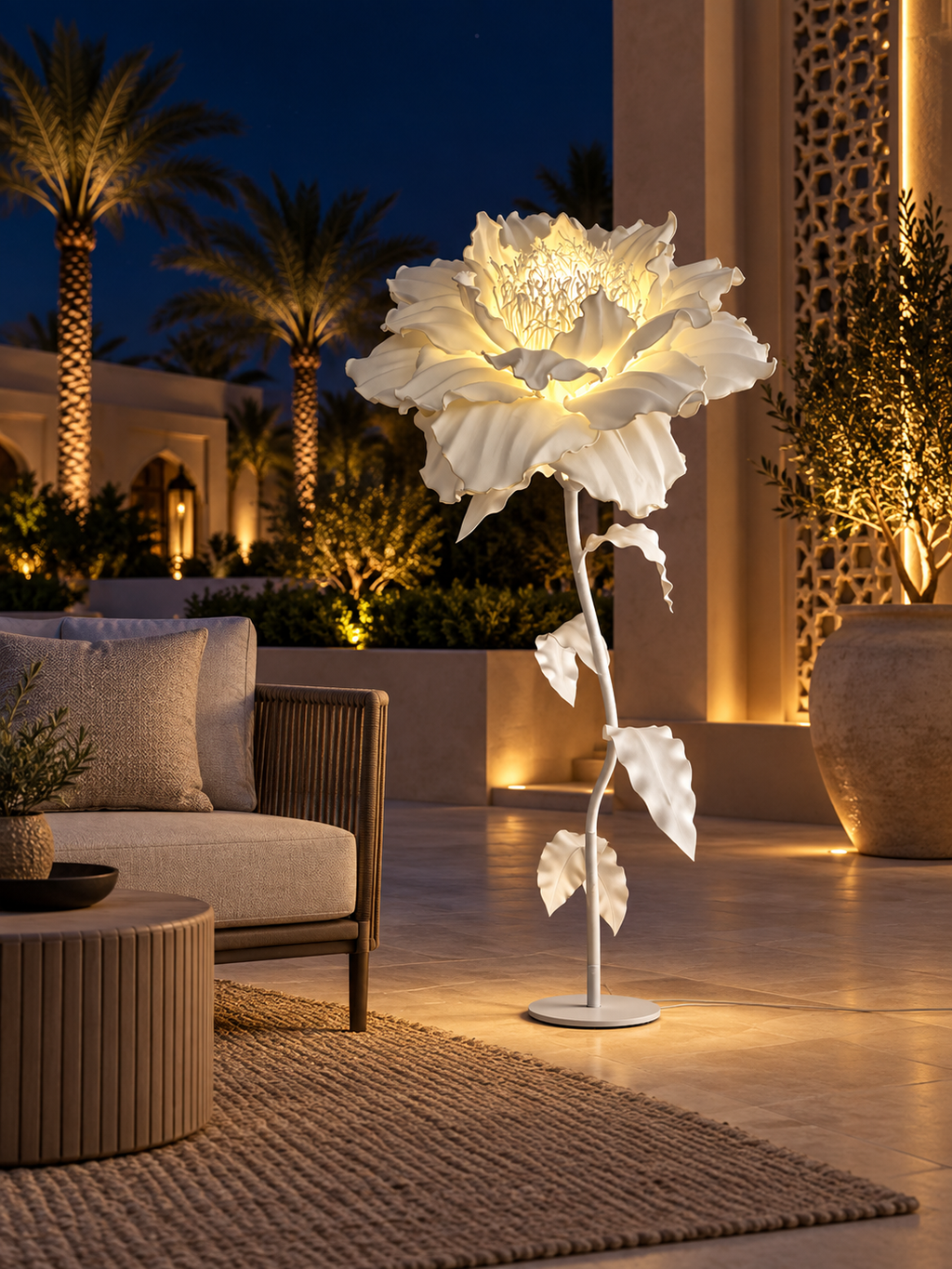 Herbaceous Peony outdoor illuminated flower lamp at night, illustrative setting