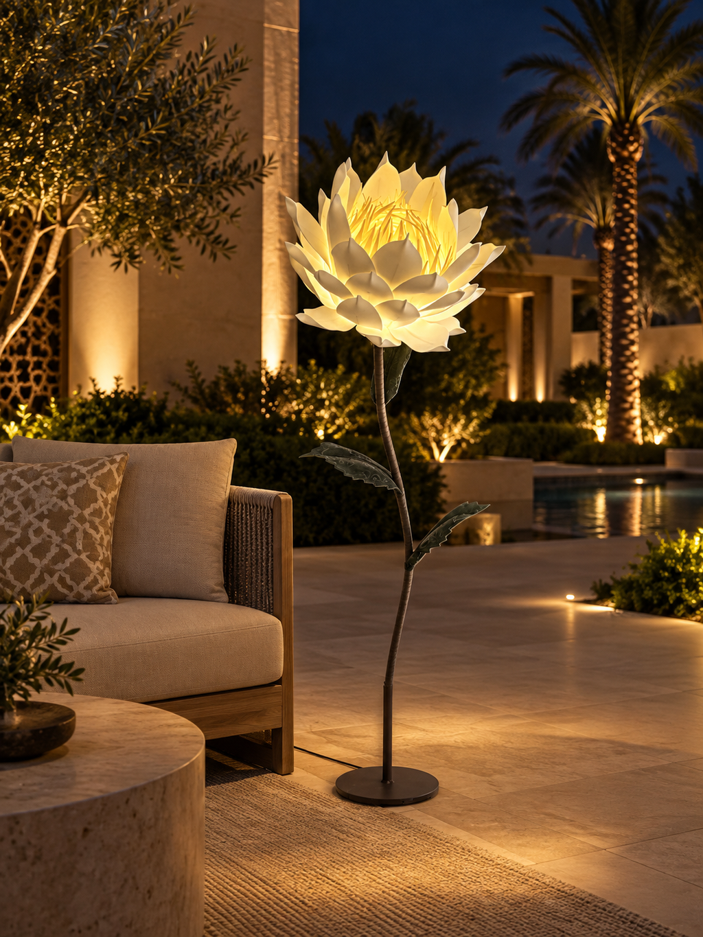 Magnolia Flower outdoor illuminated flower lamp at night, illustrative setting