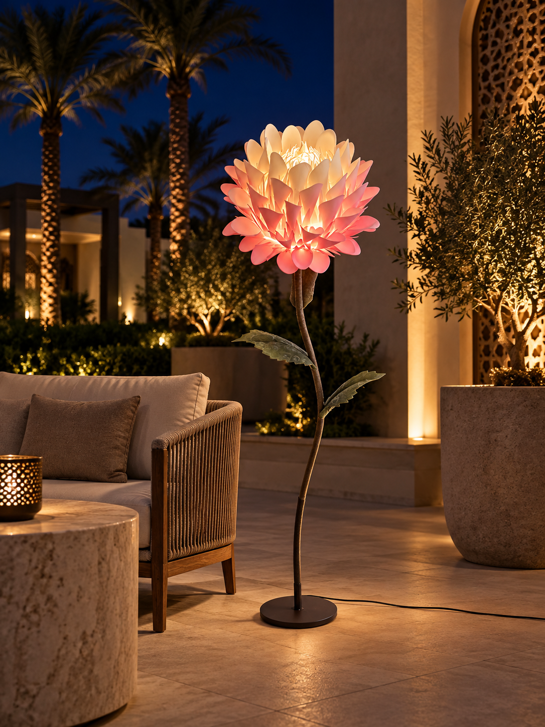 King Protea outdoor illuminated flower lamp at night, illustrative setting