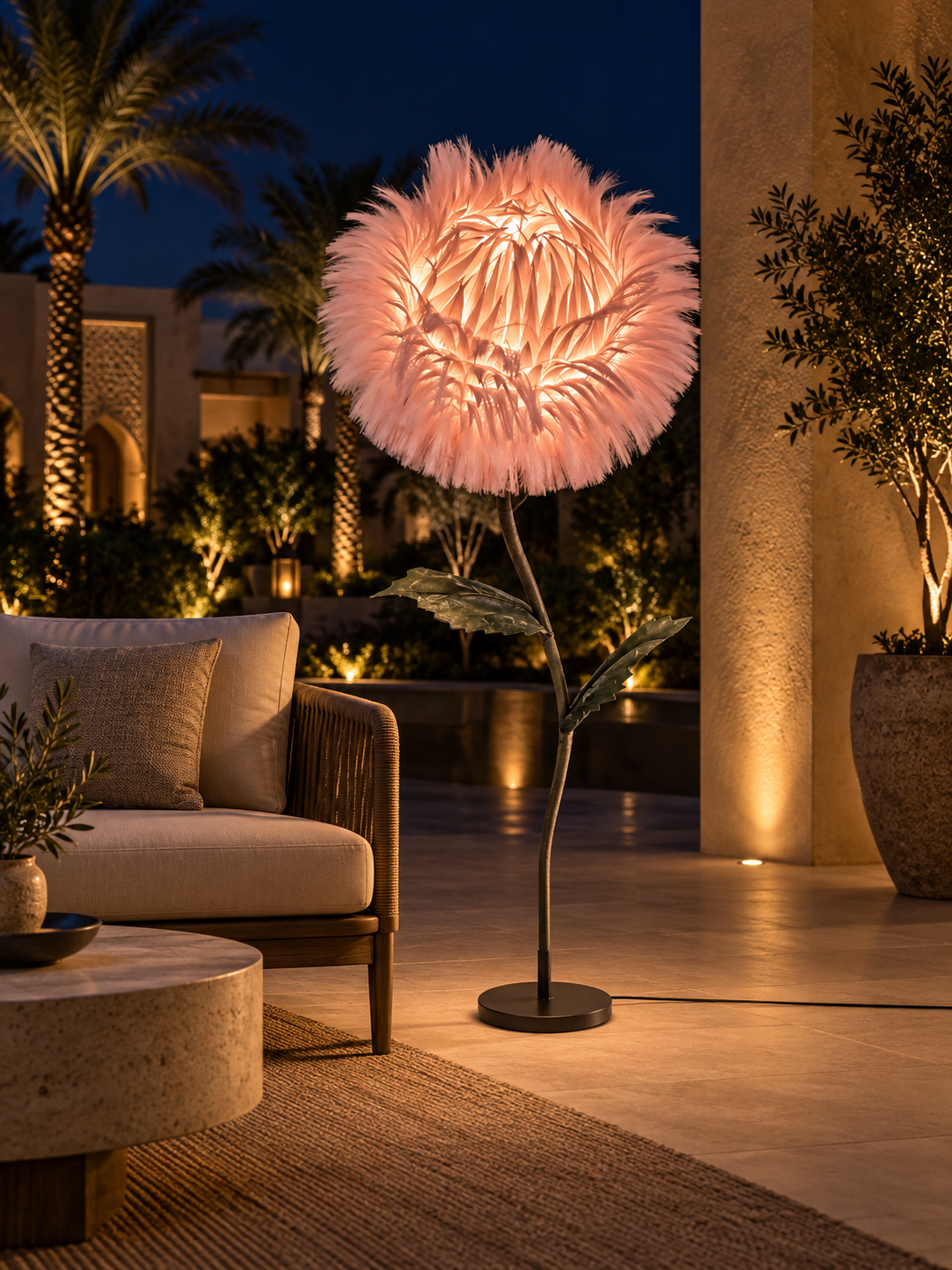 Kapok Flower outdoor illuminated flower lamp at night, illustrative setting