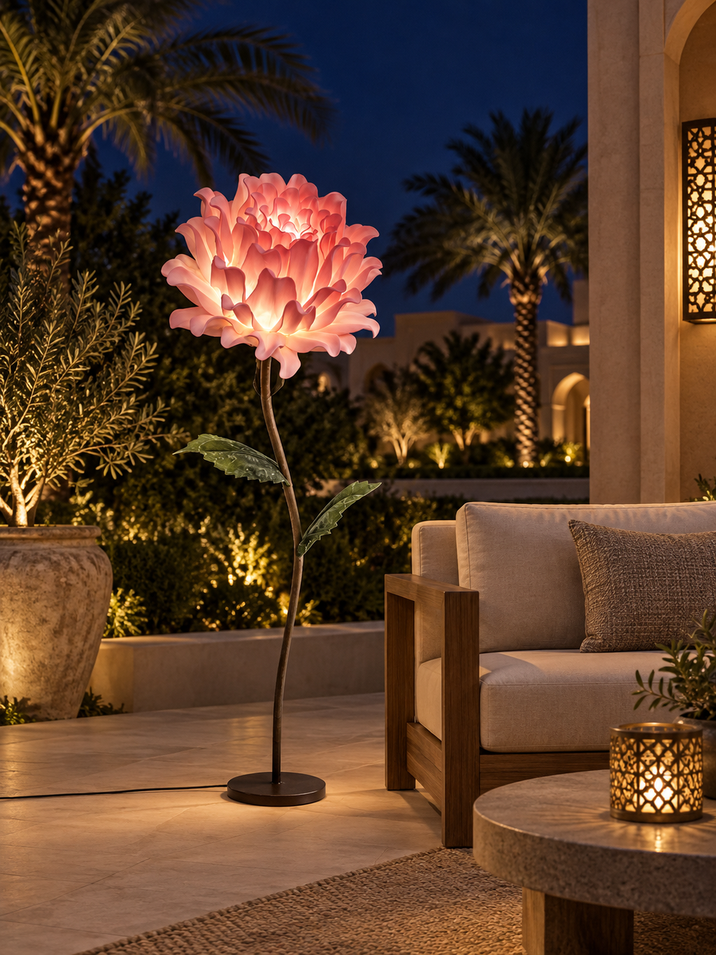 Dahlia outdoor illuminated flower lamp at night, illustrative setting