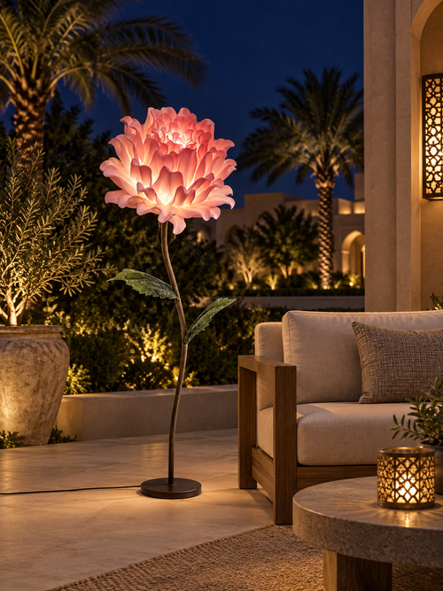 Dahlia outdoor illuminated flower lamp at night, illustrative setting