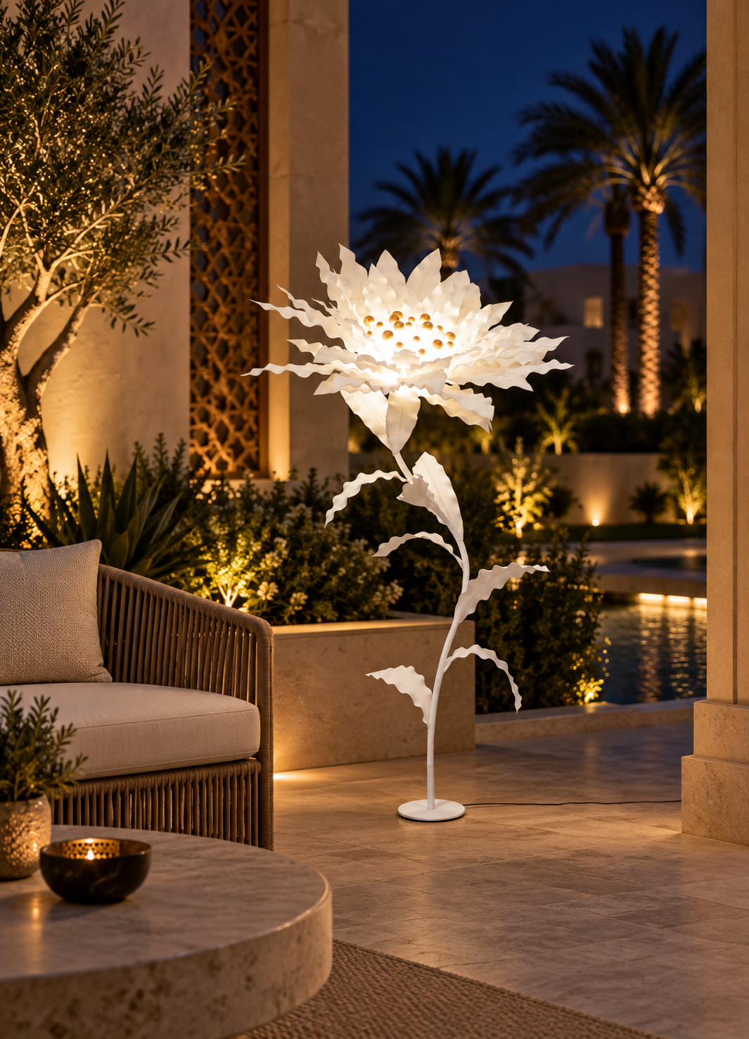 Honeycomb Flower outdoor illuminated flower lamp at night, illustrative setting