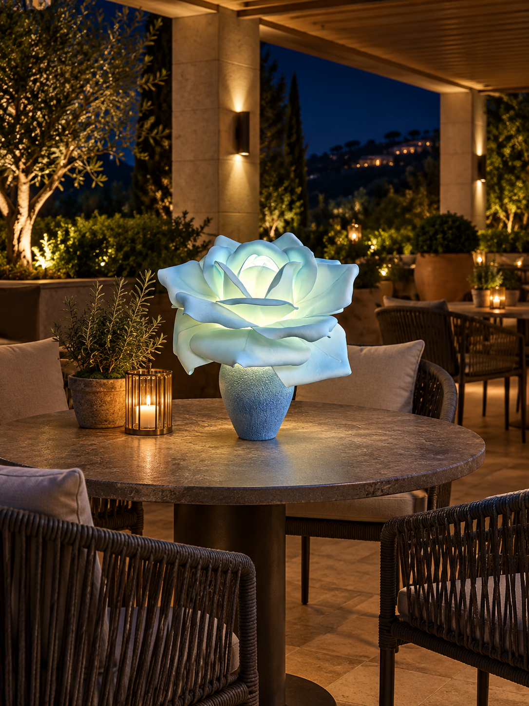 Rose outdoor illuminated flower lamp at night, illustrative setting