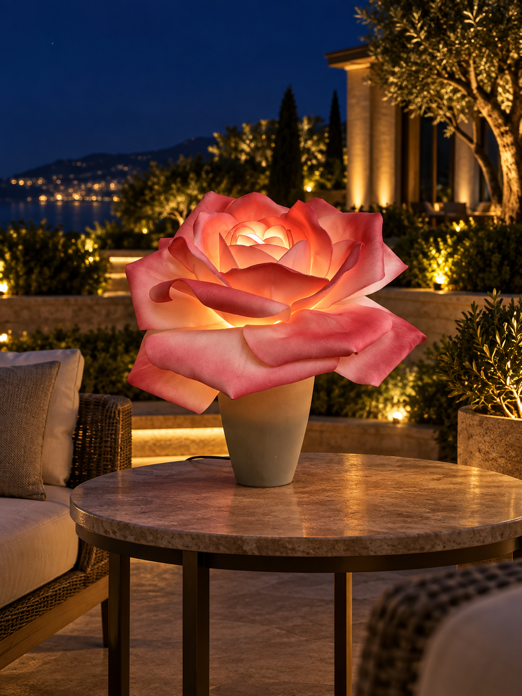 Rose outdoor illuminated flower lamp at night, illustrative setting