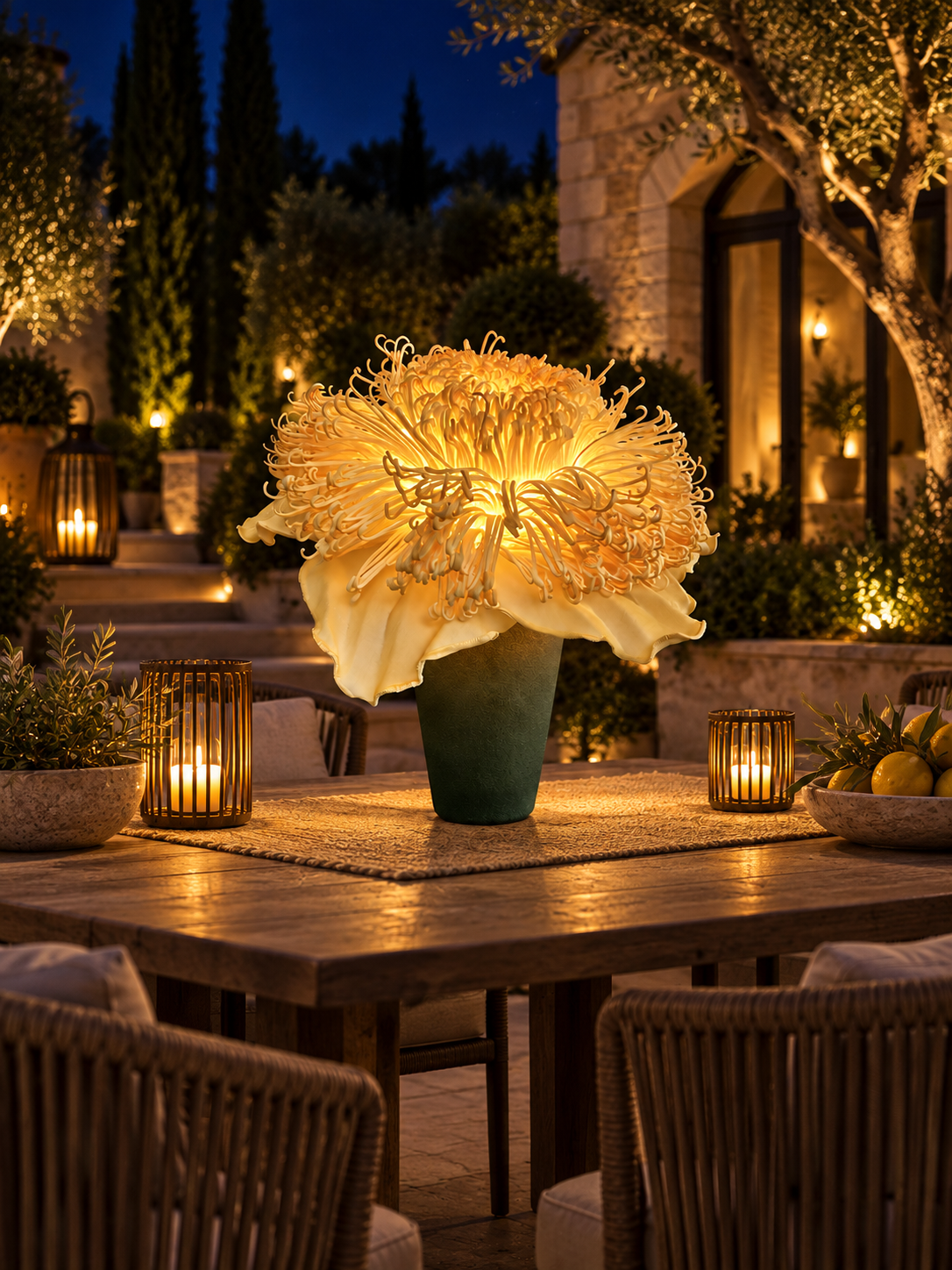 Giant Chrysanthemum in another outdoor night setting, illustrative image