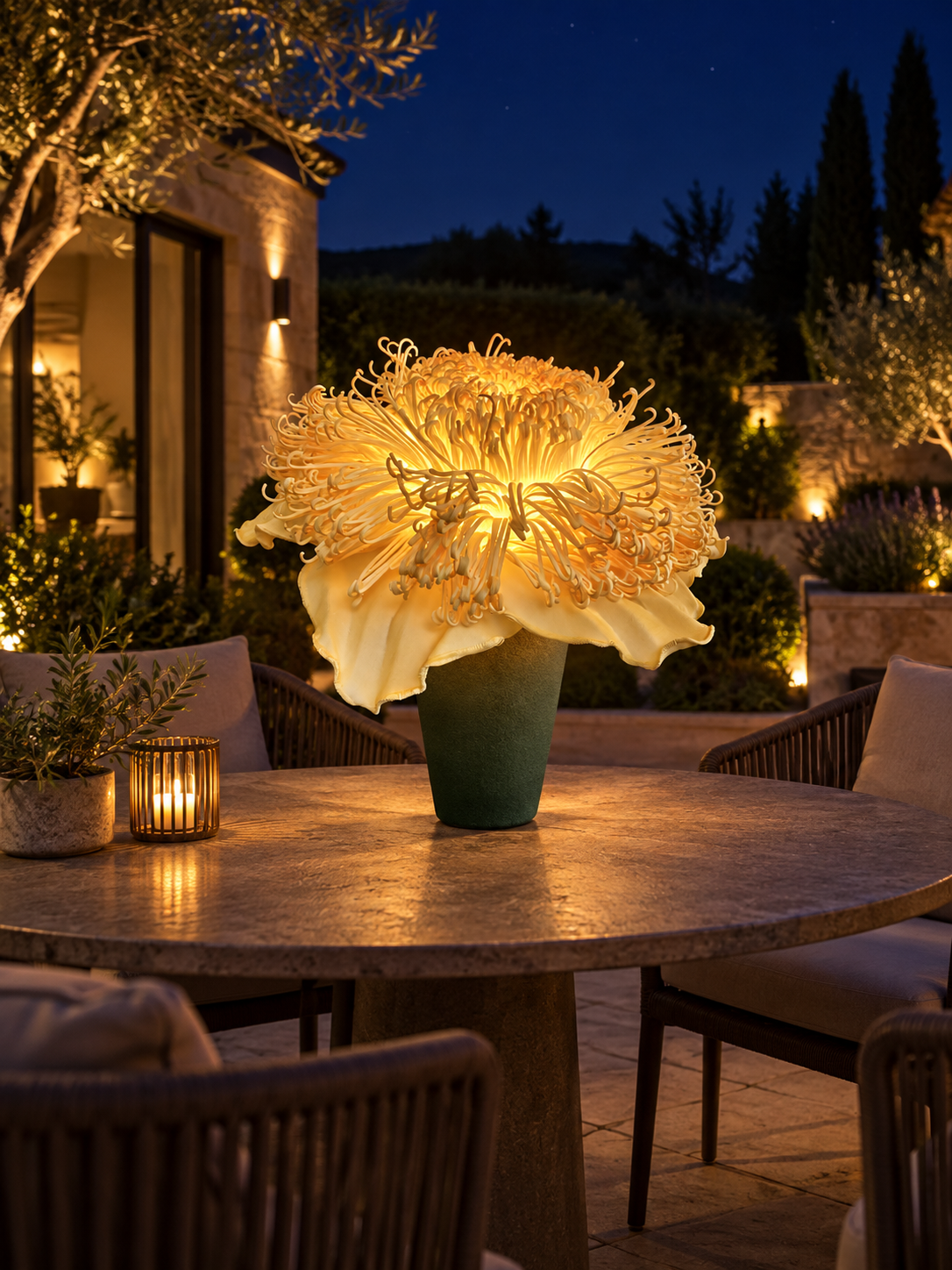 Giant Chrysanthemum outdoor illuminated flower lamp at night, illustrative setting