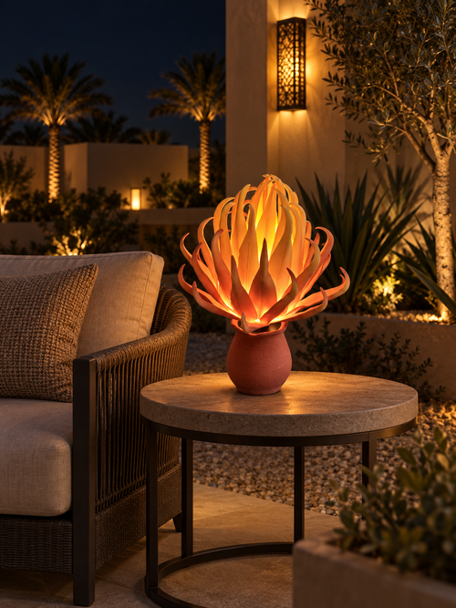Aloe Flower outdoor illuminated flower lamp at night, illustrative setting