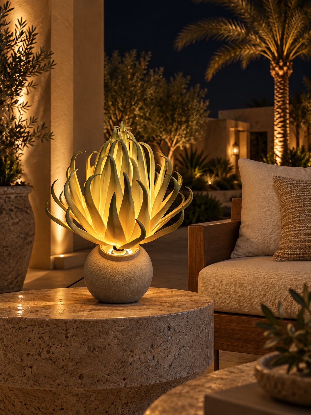 Aloe Flower outdoor illuminated flower lamp at night, illustrative setting