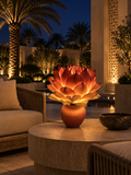 Magnolia Flower outdoor illuminated flower lamp at night, illustrative setting