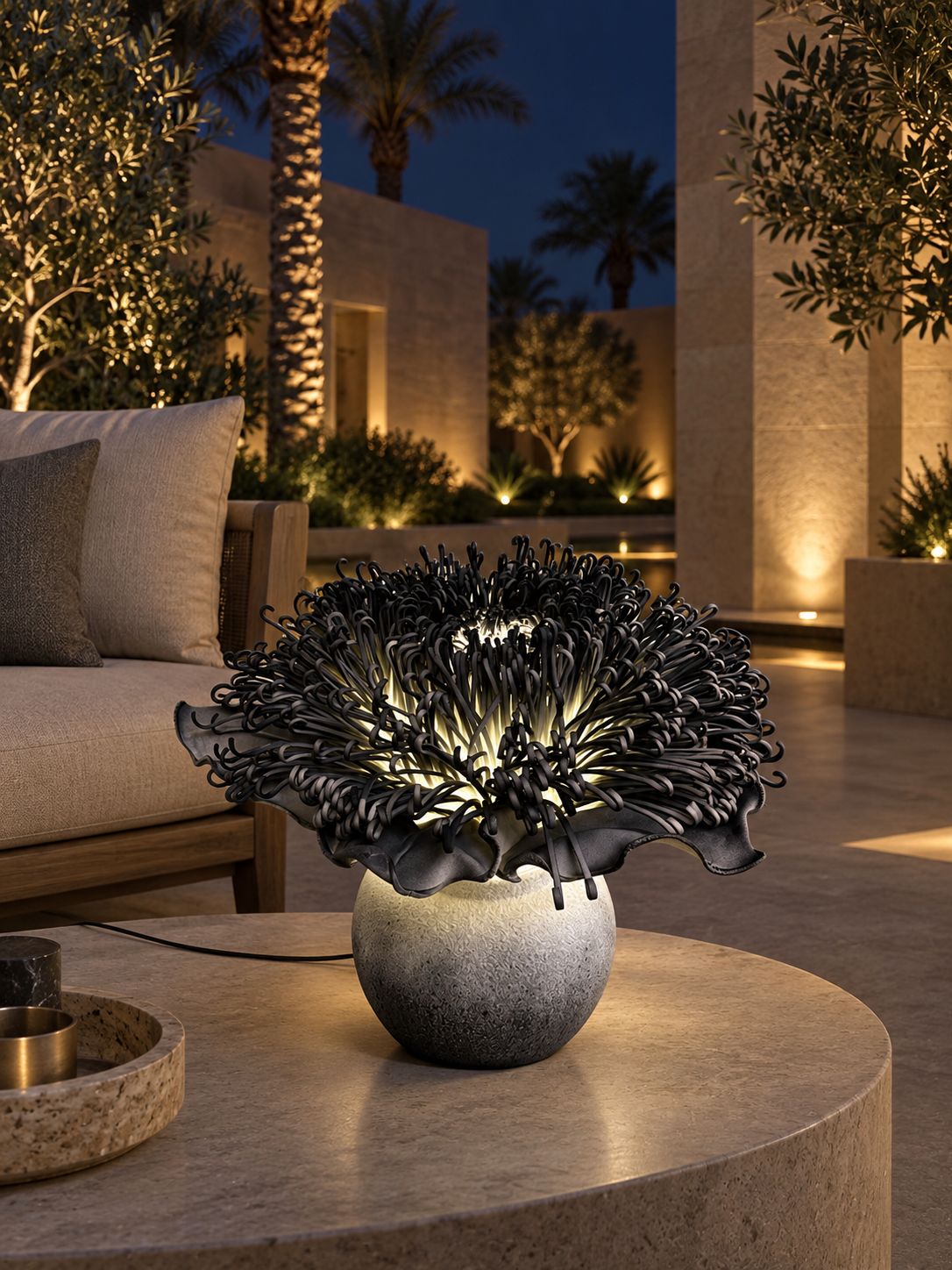 Giant Chrysanthemum outdoor illuminated flower lamp at night, illustrative setting