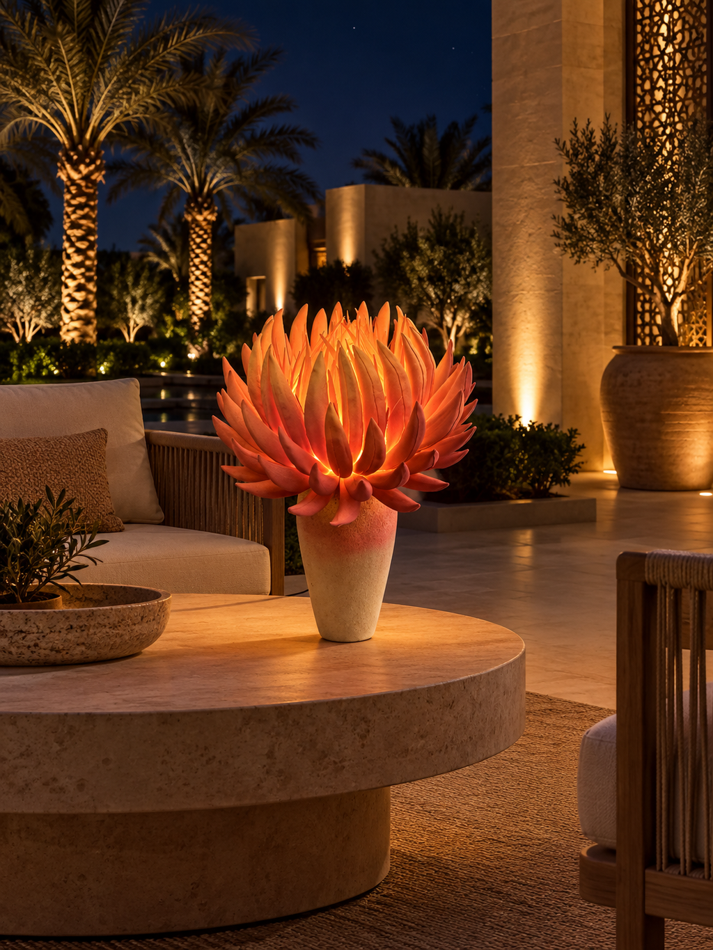 Flame Flower outdoor illuminated flower lamp at night, illustrative setting