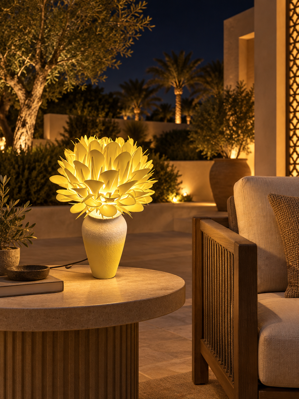 King Protea outdoor illuminated flower lamp at night, illustrative setting