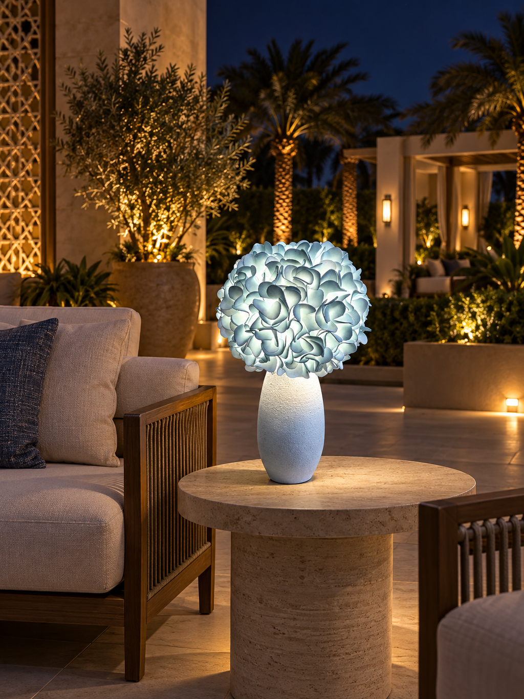 Hydrangea outdoor illuminated flower lamp at night, illustrative setting