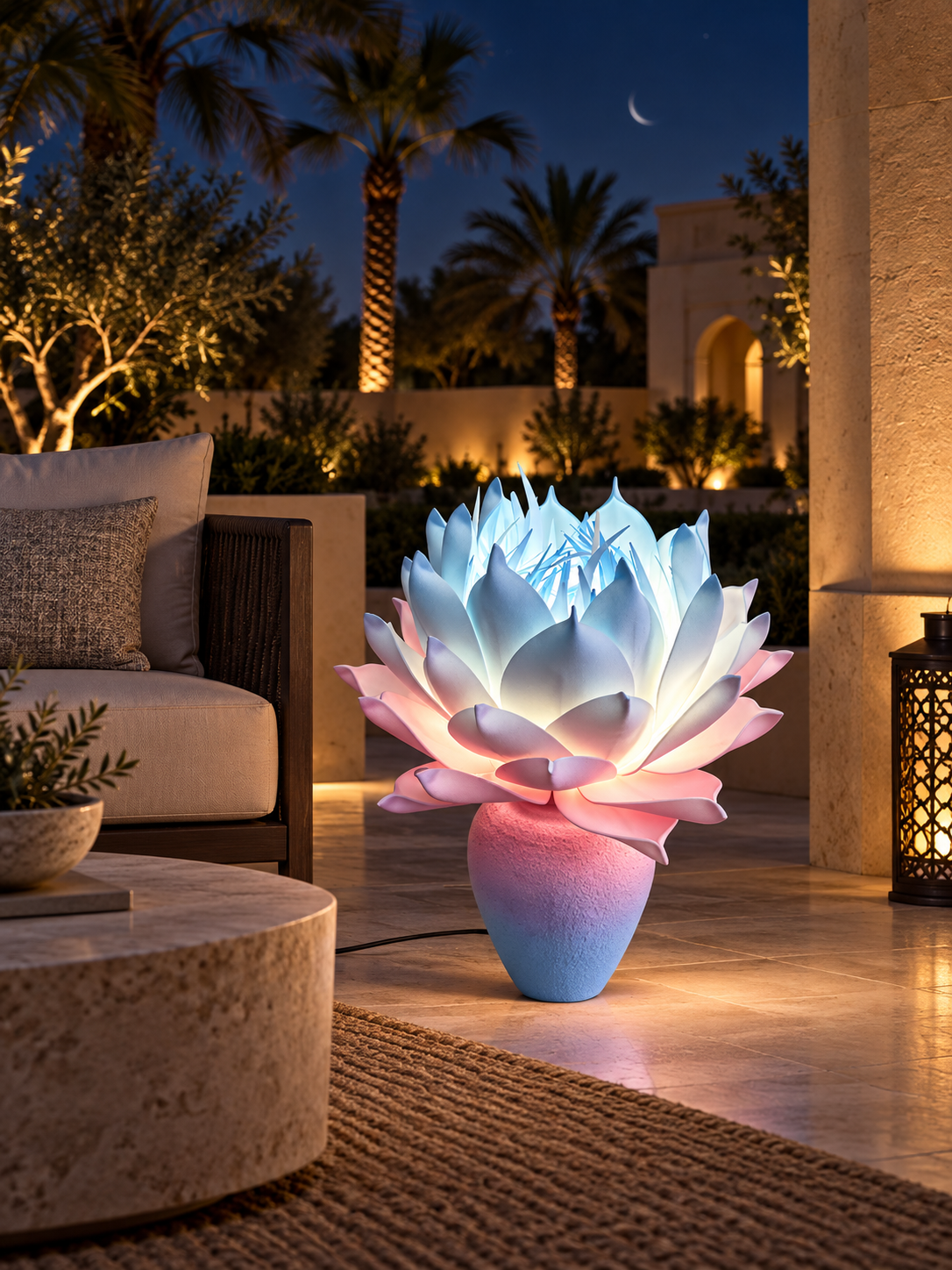 Magnolia Flower outdoor illuminated flower lamp at night, illustrative setting