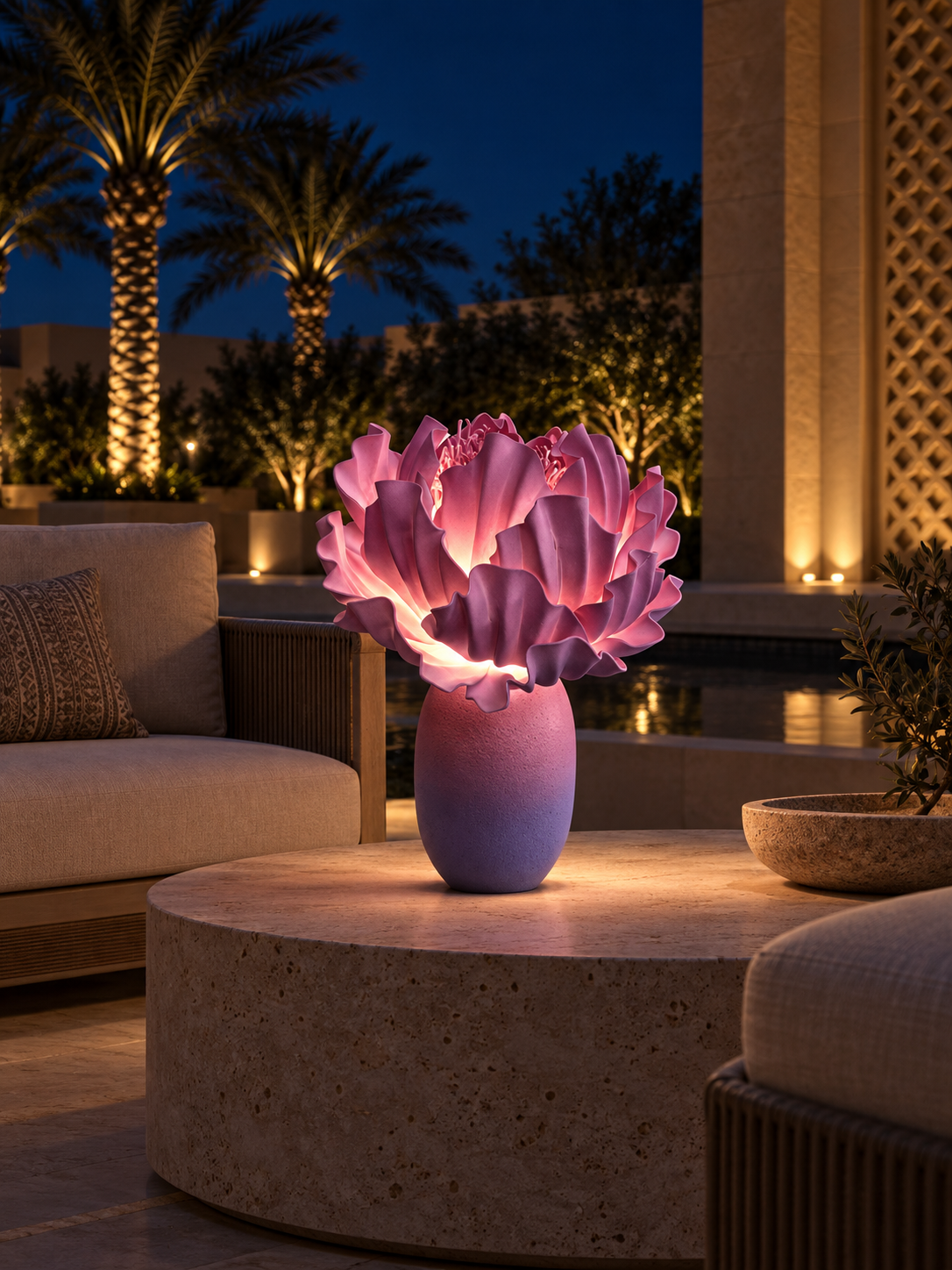 Peony outdoor illuminated flower lamp at night, illustrative setting