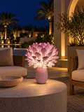 King Protea outdoor illuminated flower lamp at night, illustrative setting