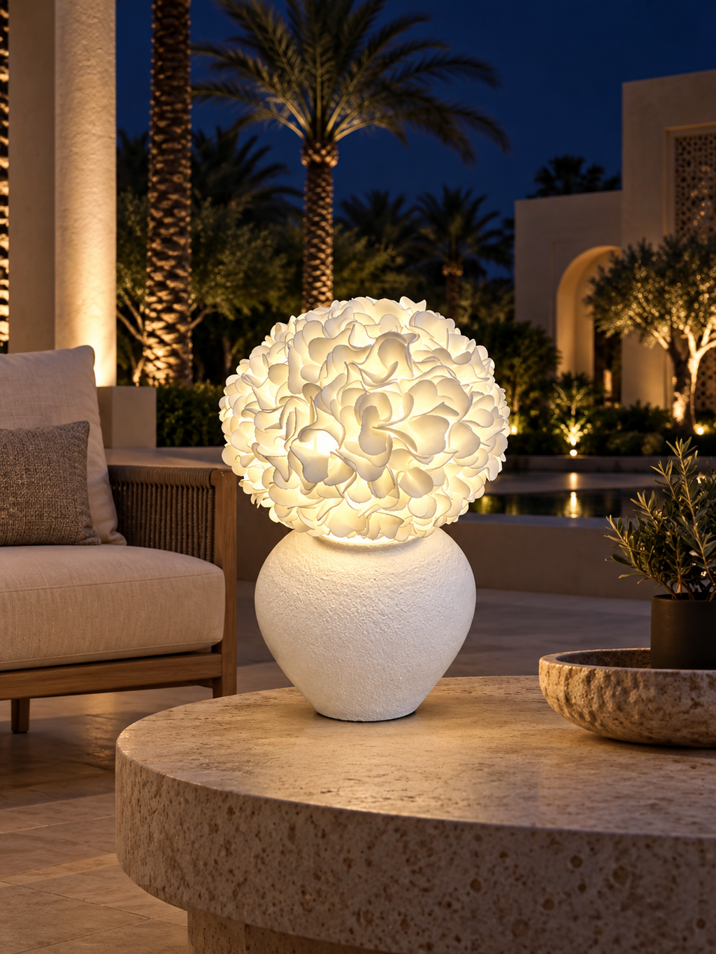 Hydrangea outdoor illuminated flower lamp at night, illustrative setting