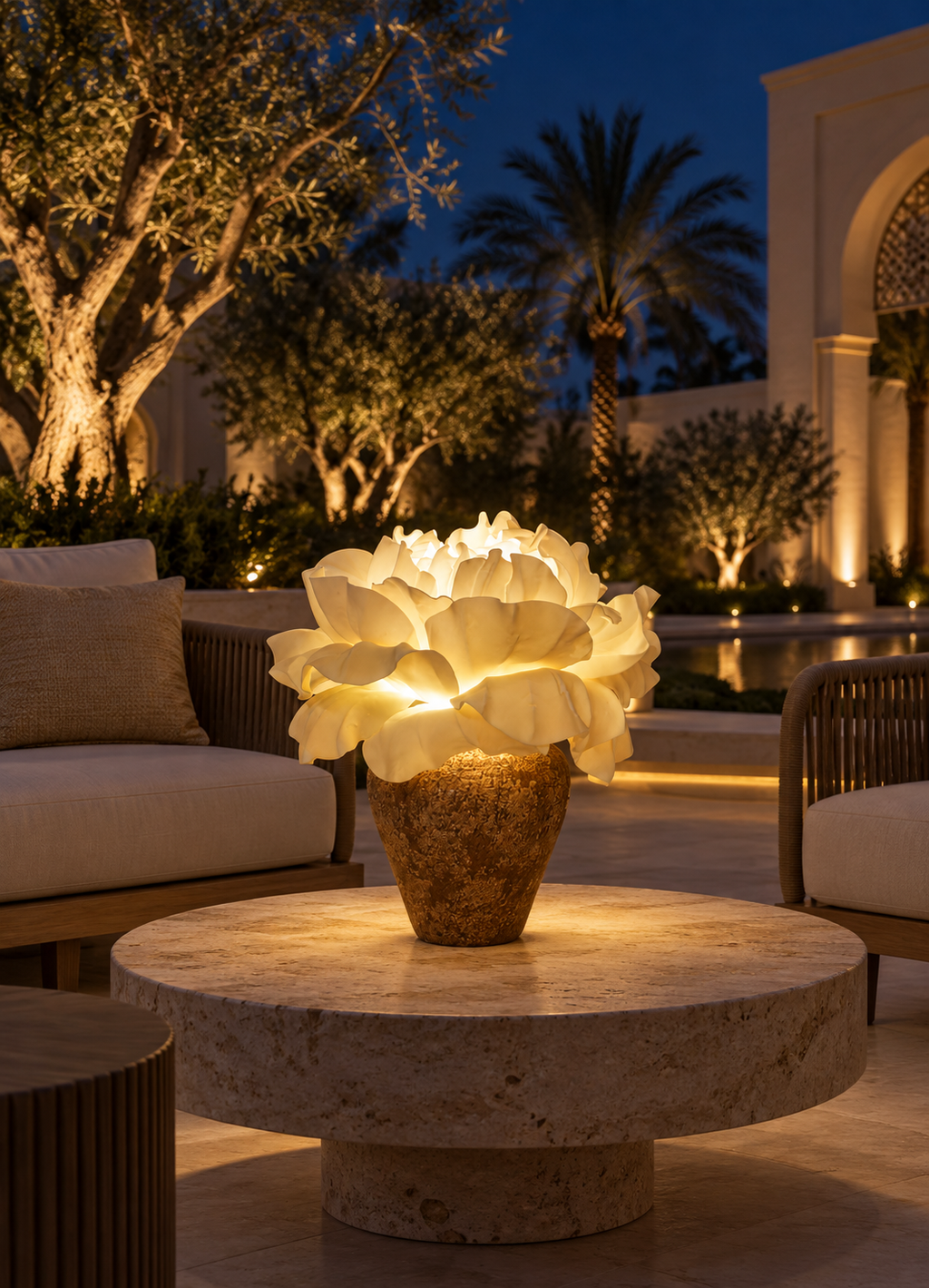 Peony outdoor illuminated flower lamp at night, illustrative setting