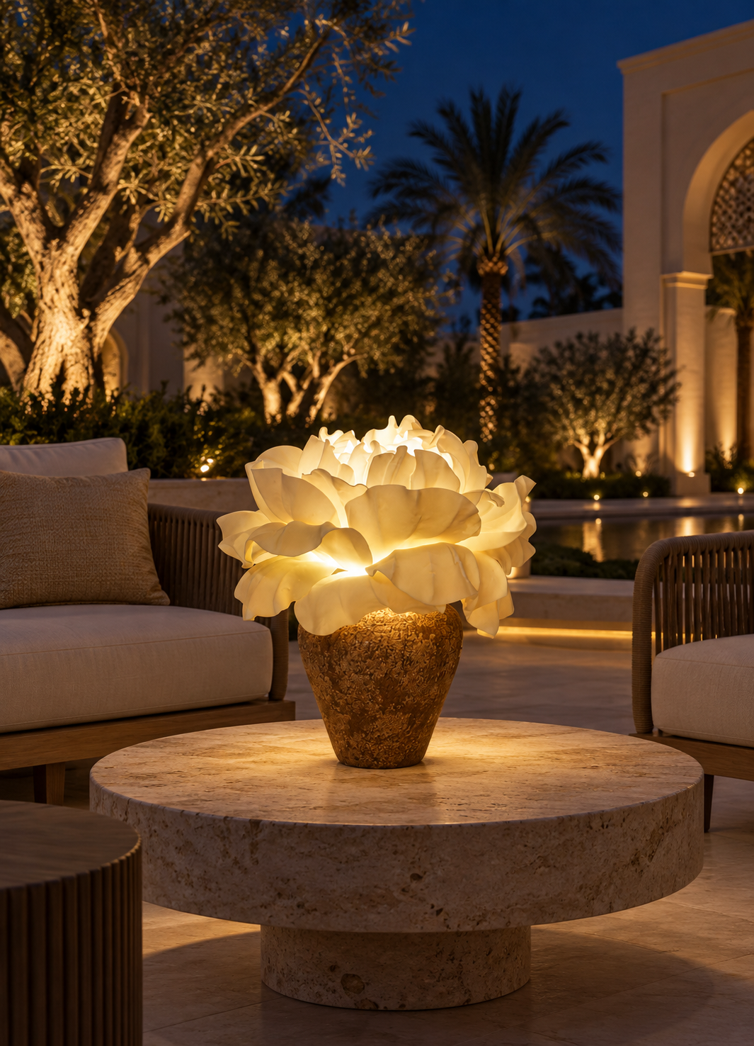 Peony outdoor illuminated flower lamp at night, illustrative setting