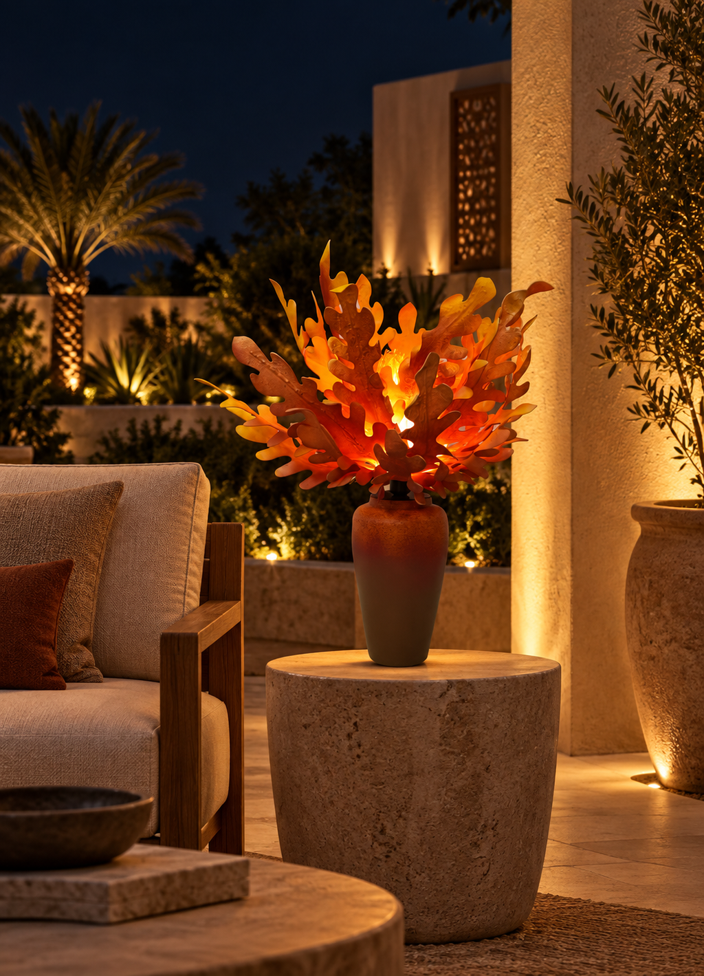 Staghorn Fern outdoor illuminated flower lamp at night, illustrative setting